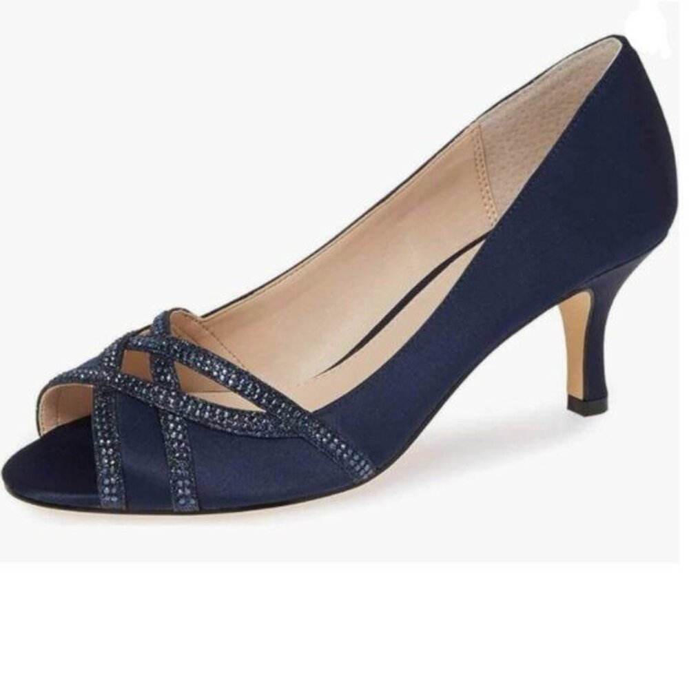 XYD Navy Prom Wedding Kitten Low Heel Peep Toe Rhinestones Cutout Dress Pumps